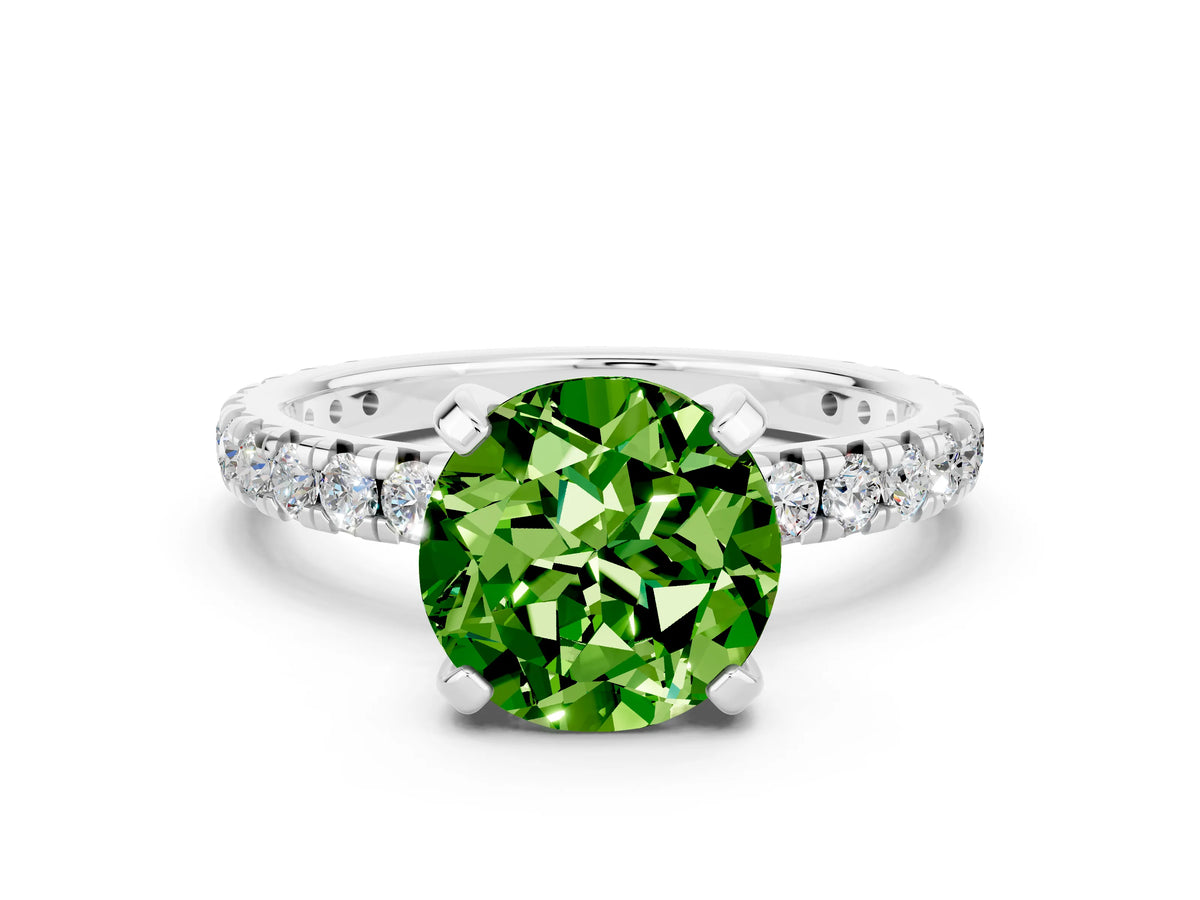 Round Cut Peridot Pavé Solitaire Ring in Silver with Round Pavé Band and Prong Setting