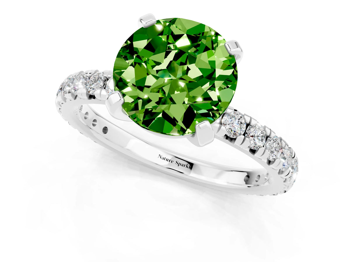 Round Cut Peridot Pavé Solitaire Ring in White gold with Round Pavé Band and Prong Setting_1