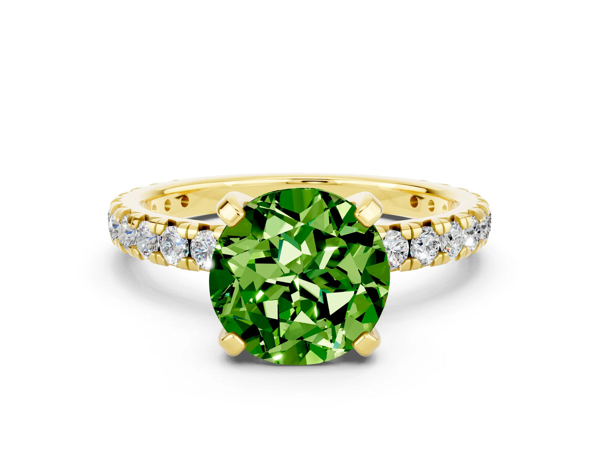 Round Cut Peridot Pavé Solitaire Ring in Yellow gold with Round Pavé Band and Prong Setting