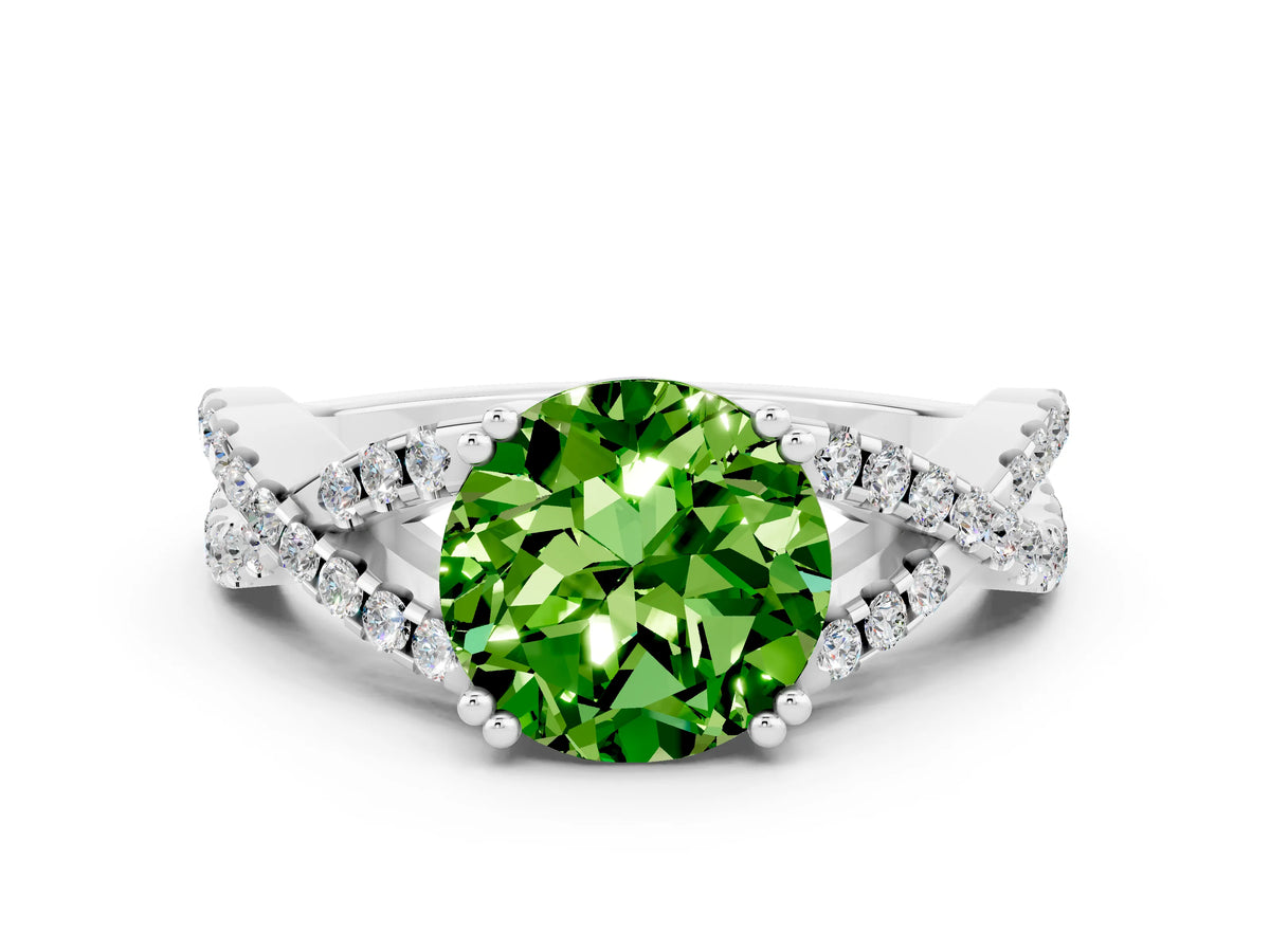 Round Cut Peridot Solitaire Ring in Platinum with Interwoven Pavé Band and Prong Setting_6