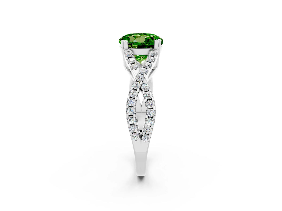 Round Cut Peridot Solitaire Ring in Platinum with Interwoven Pavé Band and Prong Setting_8