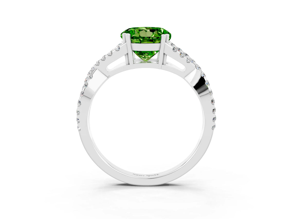 Round Cut Peridot Solitaire Ring in Platinum with Interwoven Pavé Band and Prong Setting_9
