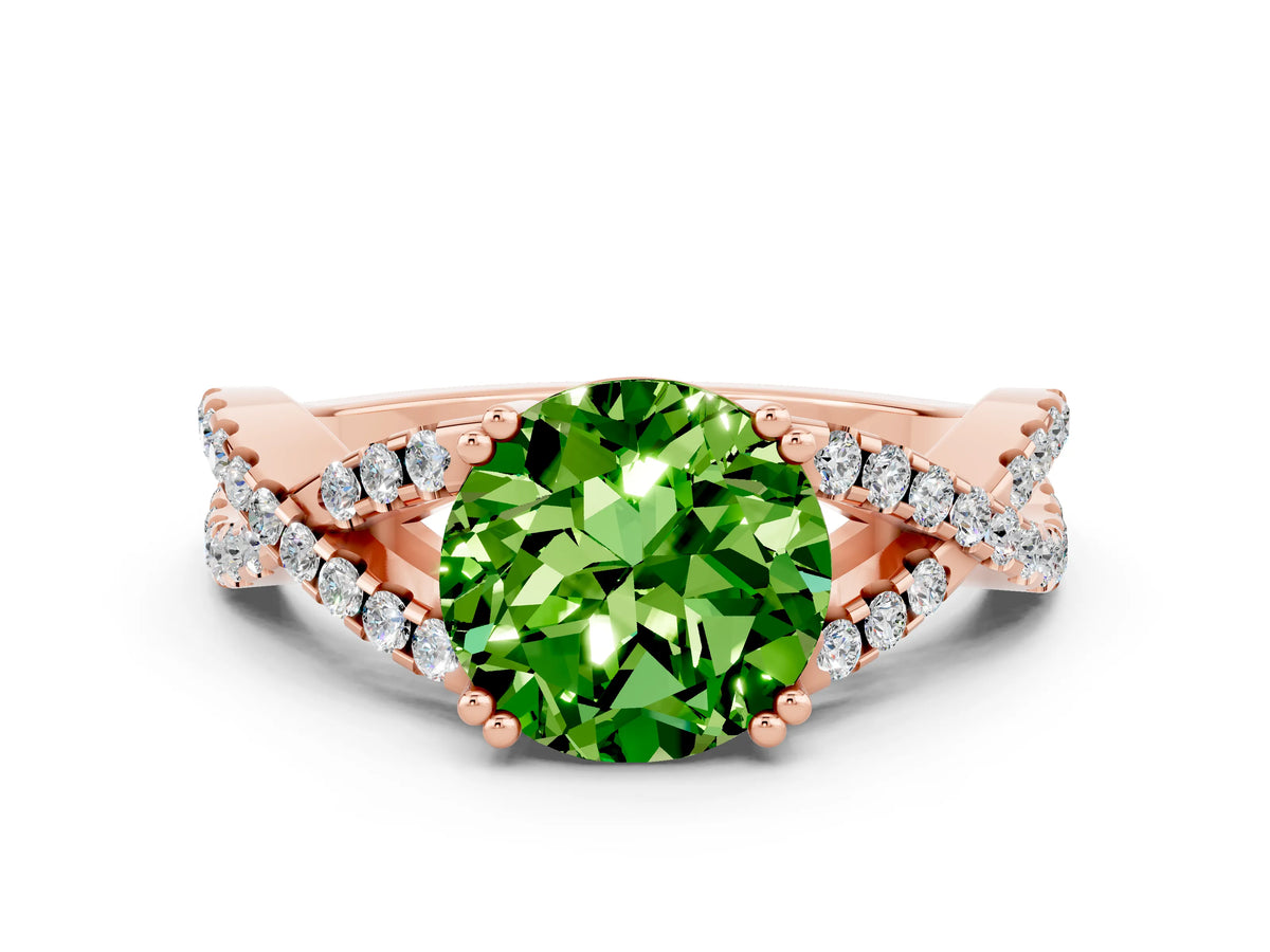 Round Cut Peridot Solitaire Ring in Rose gold with Interwoven Pavé Band and Prong Setting