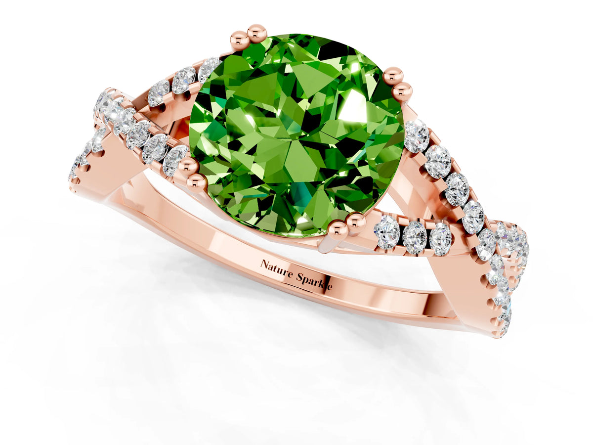 Round Cut Peridot Solitaire Ring in Rose gold with Interwoven Pavé Band and Prong Setting_1