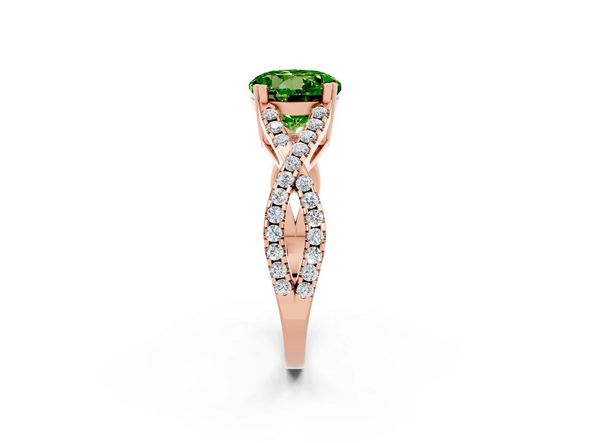 Round Cut Peridot Solitaire Ring in Rose gold with Interwoven Pavé Band and Prong Setting_2