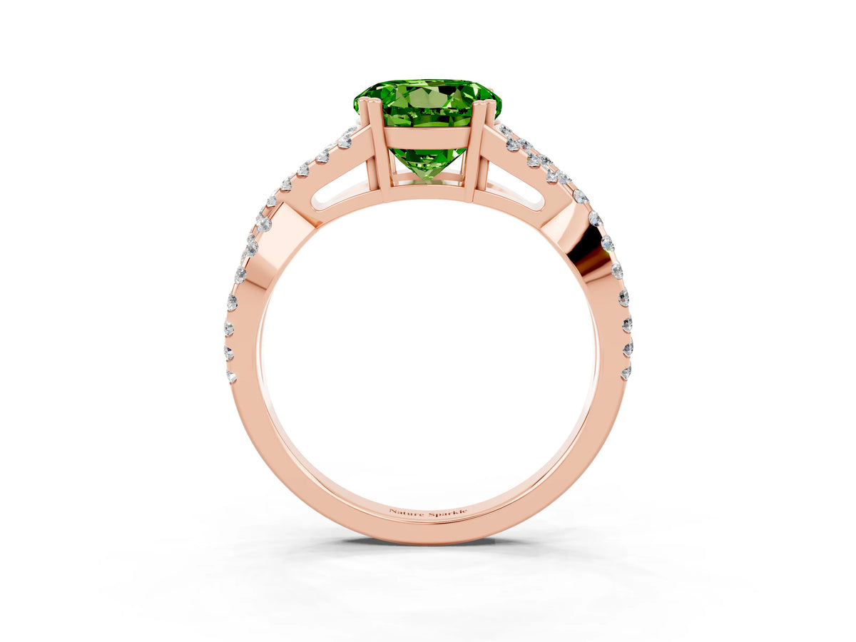 Round Cut Peridot Solitaire Ring in Rose gold with Interwoven Pavé Band and Prong Setting_3