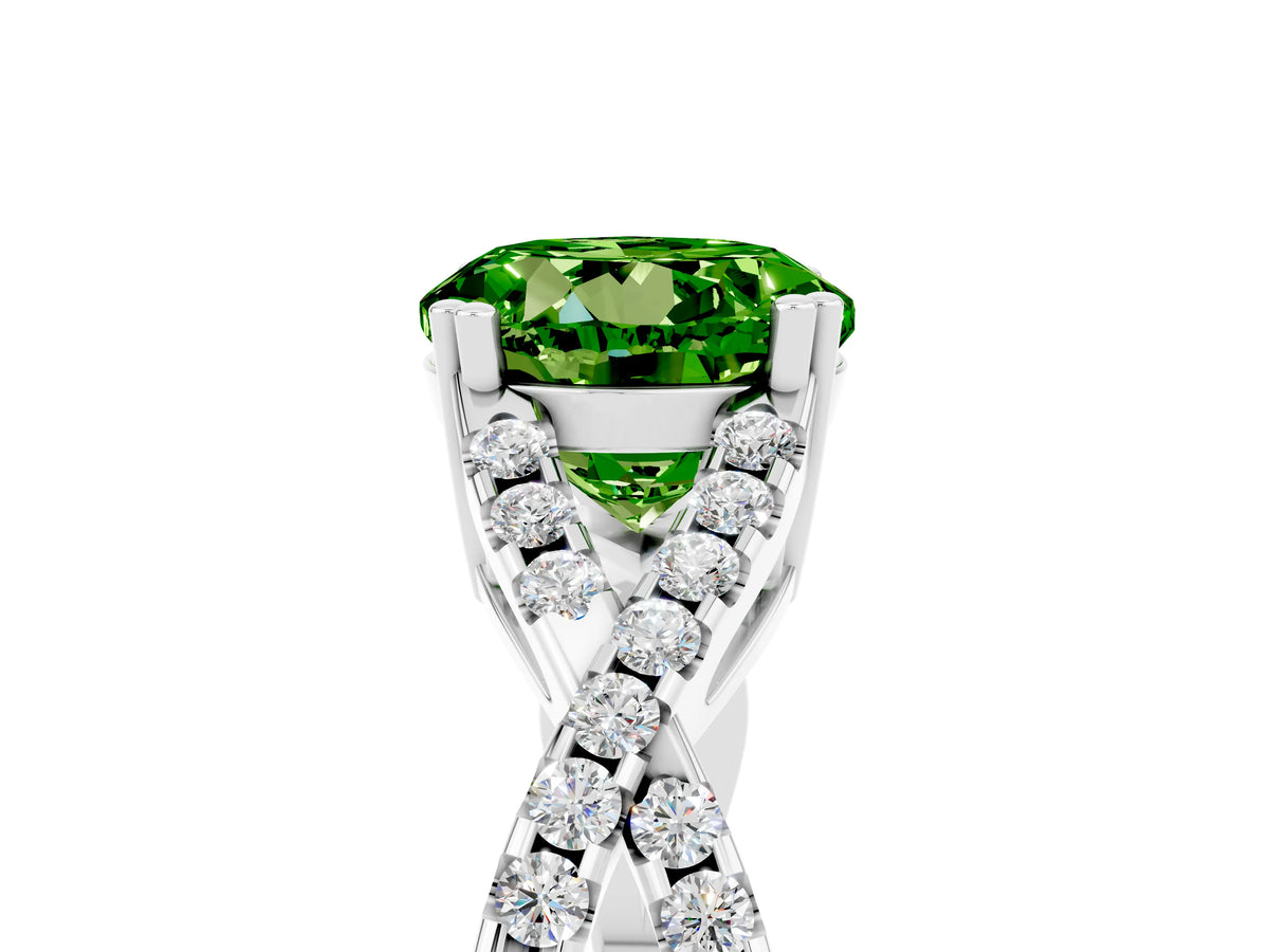 Round Cut Peridot Solitaire Ring in White gold with Interwoven Pavé Band and Prong Setting_5
