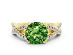 Round Cut Peridot Solitaire Ring in Yellow gold with Interwoven Pavé Band and Prong Setting