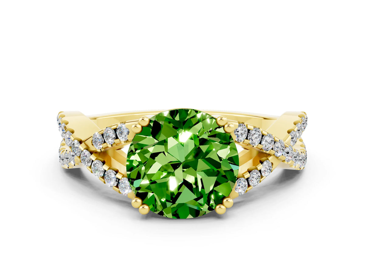 Round Cut Peridot Solitaire Ring in Yellow gold with Interwoven Pavé Band and Prong Setting