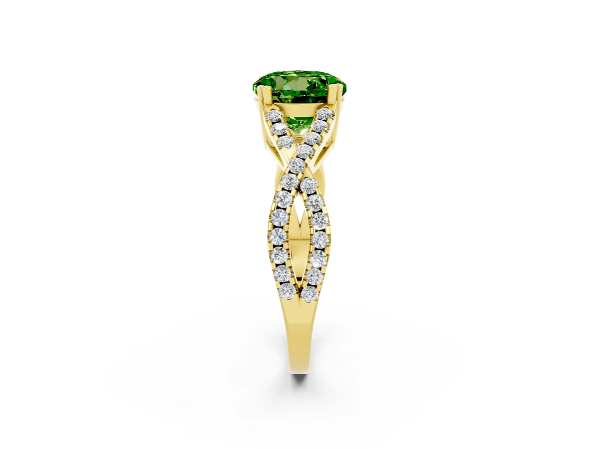 Round Cut Peridot Solitaire Ring in Yellow gold with Interwoven Pavé Band and Prong Setting_2