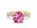 Round Cut Pink Sapphire Pavé Solitaire Ring in Yellow gold with Round Pavé Band and Prong Setting