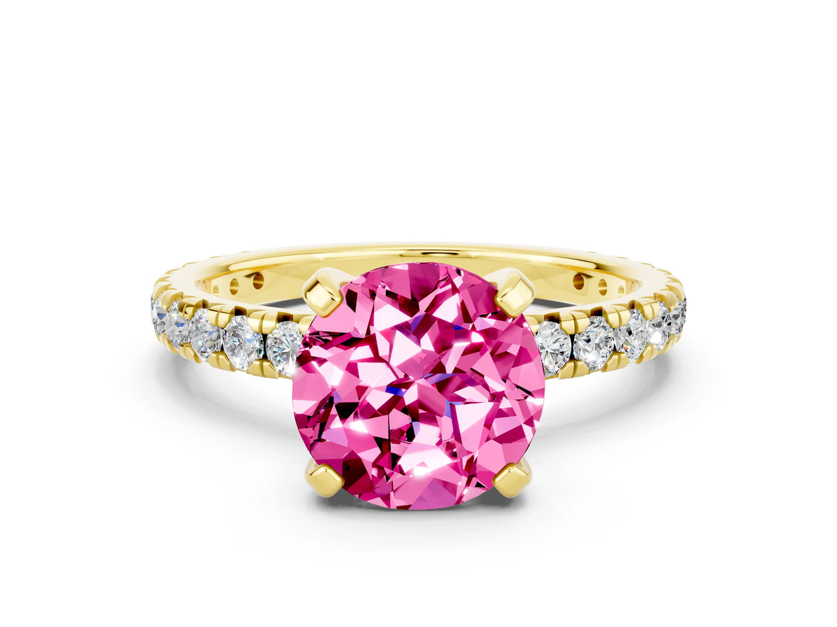Round Cut Pink Sapphire Pavé Solitaire Ring in Yellow gold with Round Pavé Band and Prong Setting