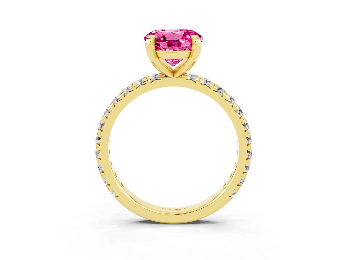 Round Cut Pink Sapphire Pavé Solitaire Ring in Yellow gold with Round Pavé Band and Prong Setting_3
