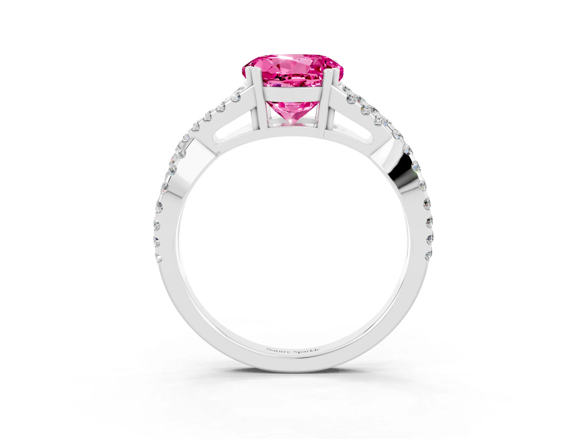 Round Cut Pink Sapphire Solitaire Ring in Platinum with Interwoven Pavé Band and Prong Setting_9