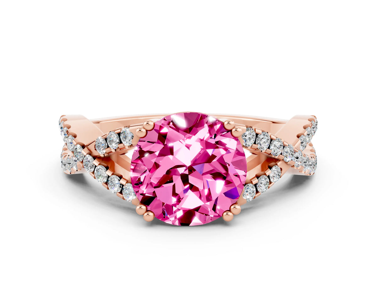 Round Cut Pink Sapphire Solitaire Ring in Rose gold with Interwoven Pavé Band and Prong Setting