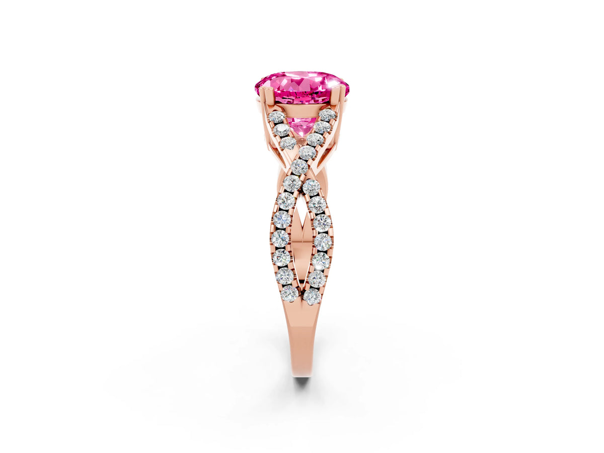Round Cut Pink Sapphire Solitaire Ring in Rose gold with Interwoven Pavé Band and Prong Setting_2