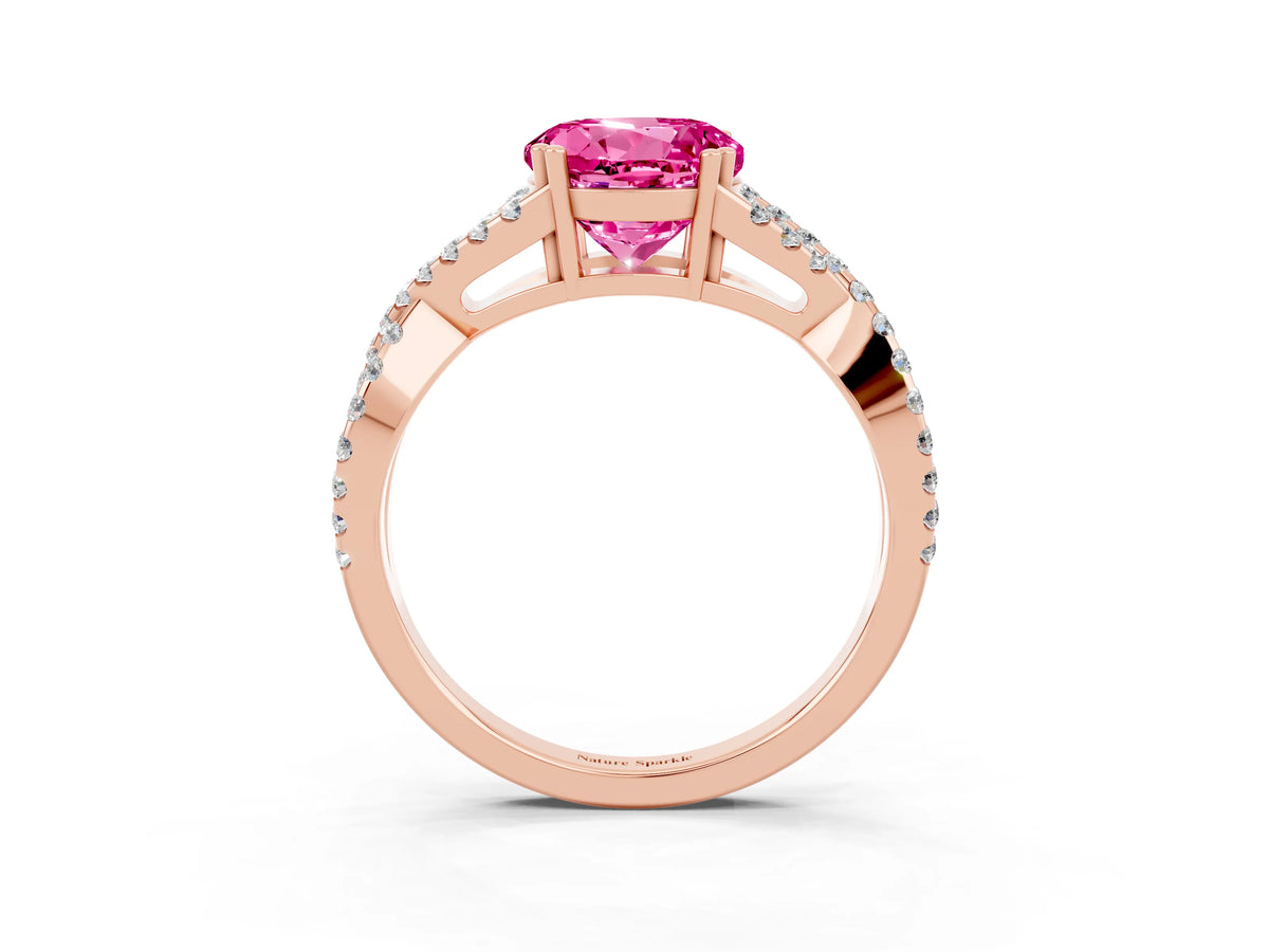 Round Cut Pink Sapphire Solitaire Ring in Rose gold with Interwoven Pavé Band and Prong Setting_3