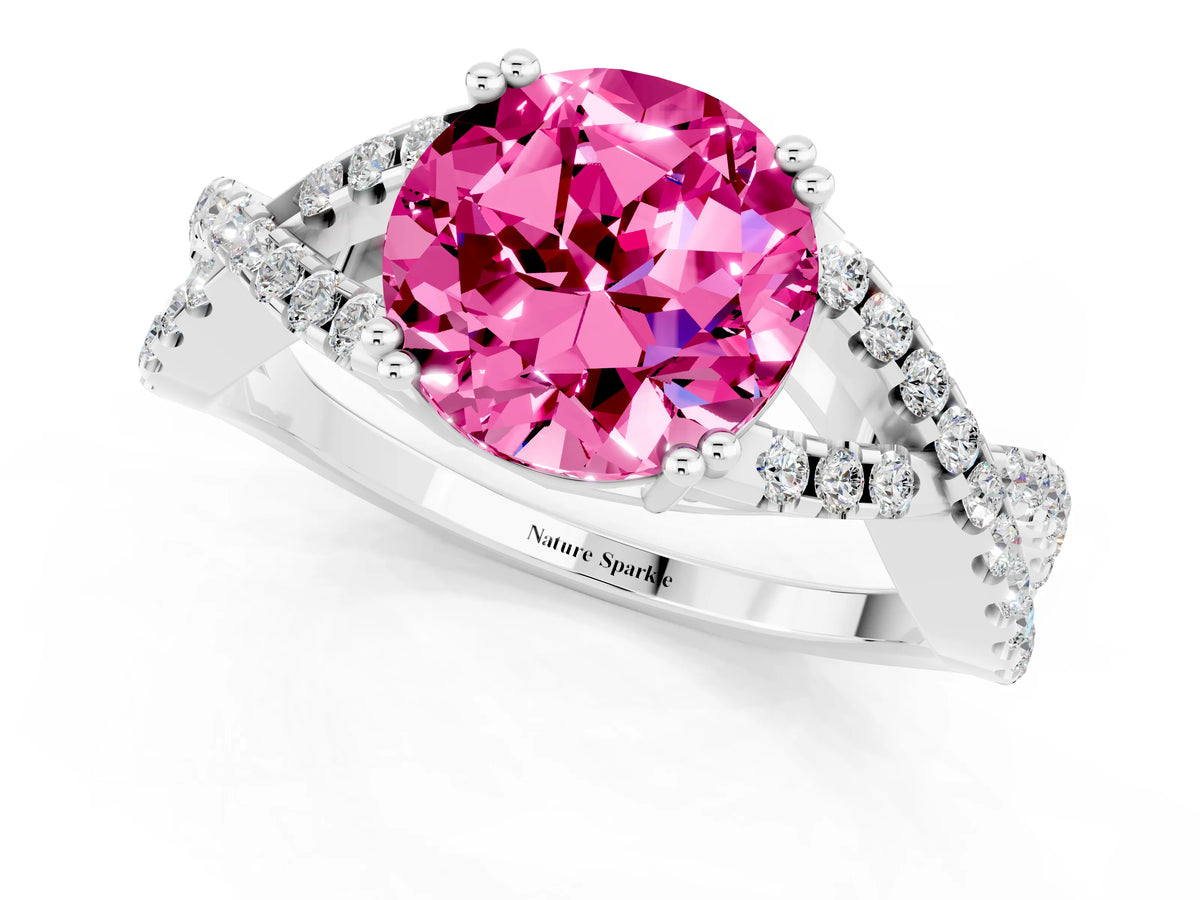 Round Cut Pink Sapphire Solitaire Ring in White gold with Interwoven Pavé Band and Prong Setting_1