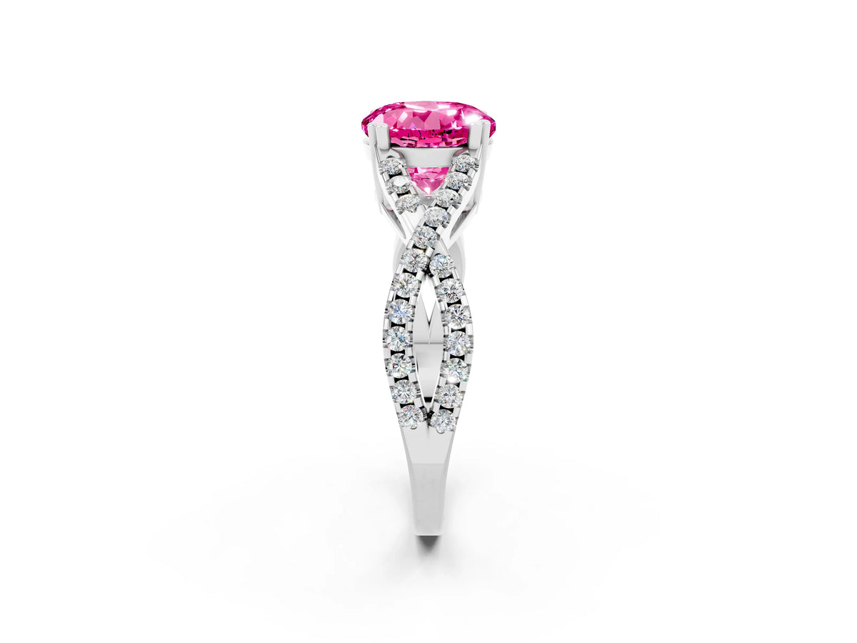 Round Cut Pink Sapphire Solitaire Ring in White gold with Interwoven Pavé Band and Prong Setting_2