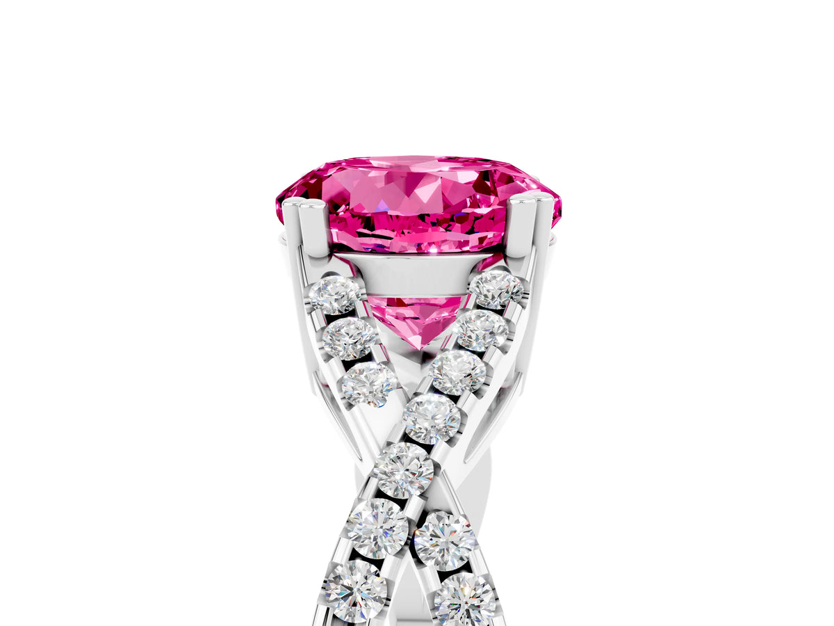 Round Cut Pink Sapphire Solitaire Ring in White gold with Interwoven Pavé Band and Prong Setting_5