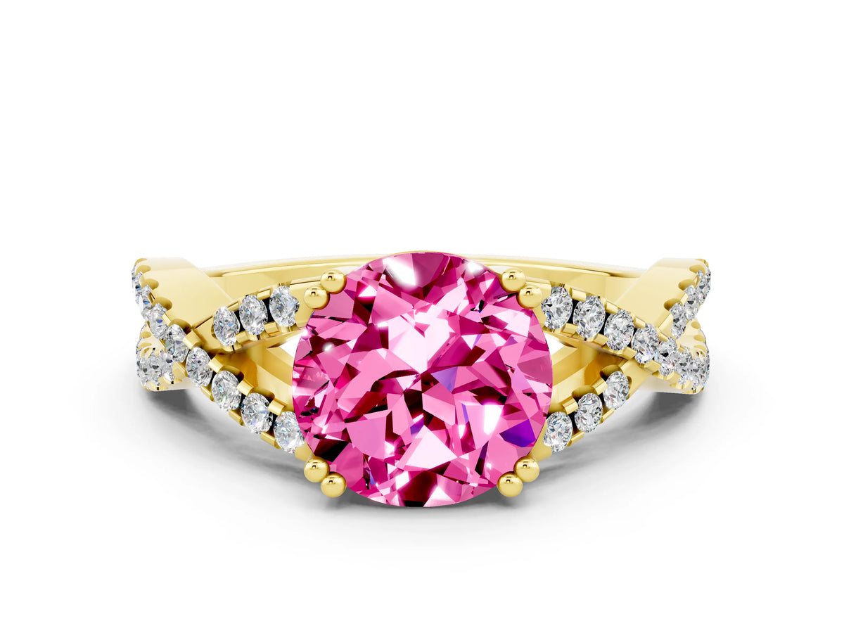 Round Cut Pink Sapphire Solitaire Ring in Yellow gold with Interwoven Pavé Band and Prong Setting