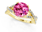 Round Cut Pink Sapphire Solitaire Ring in Yellow gold with Interwoven Pavé Band and Prong Setting_1