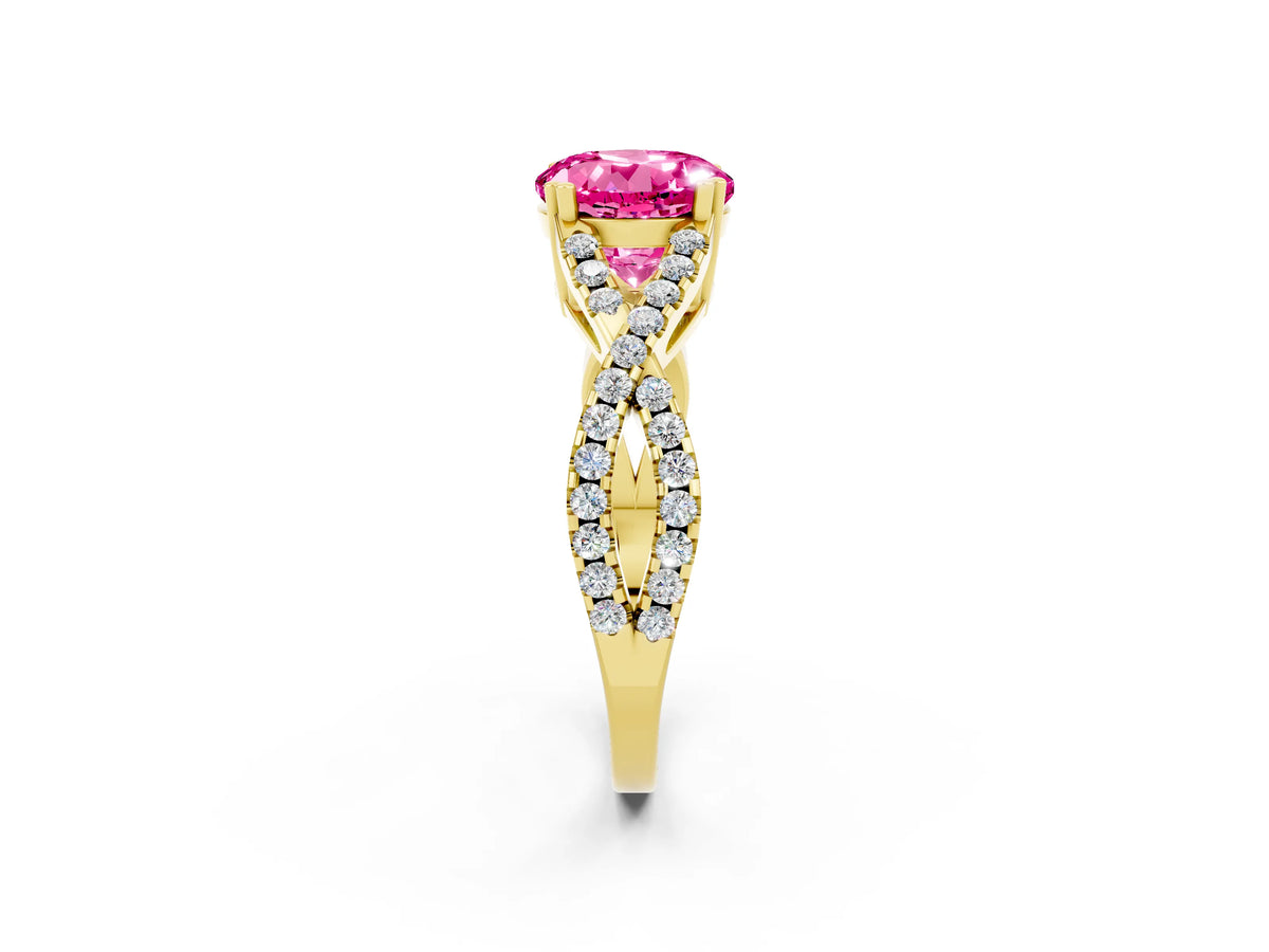 Round Cut Pink Sapphire Solitaire Ring in Yellow gold with Interwoven Pavé Band and Prong Setting_2