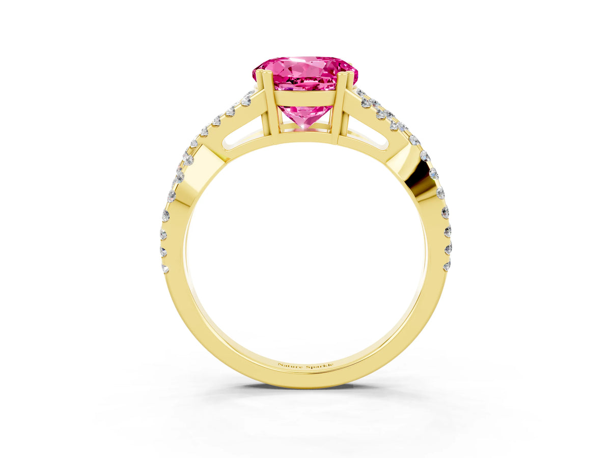 Round Cut Pink Sapphire Solitaire Ring in Yellow gold with Interwoven Pavé Band and Prong Setting_3
