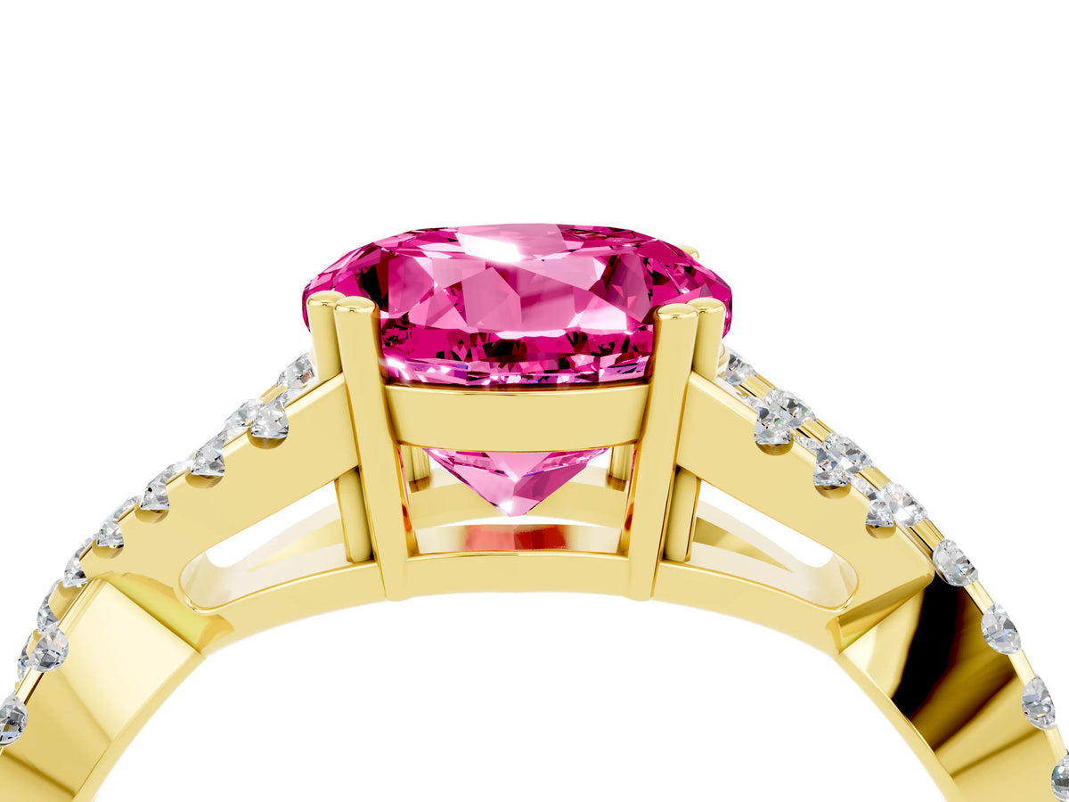 Round Cut Pink Sapphire Solitaire Ring in Yellow gold with Interwoven Pavé Band and Prong Setting_4
