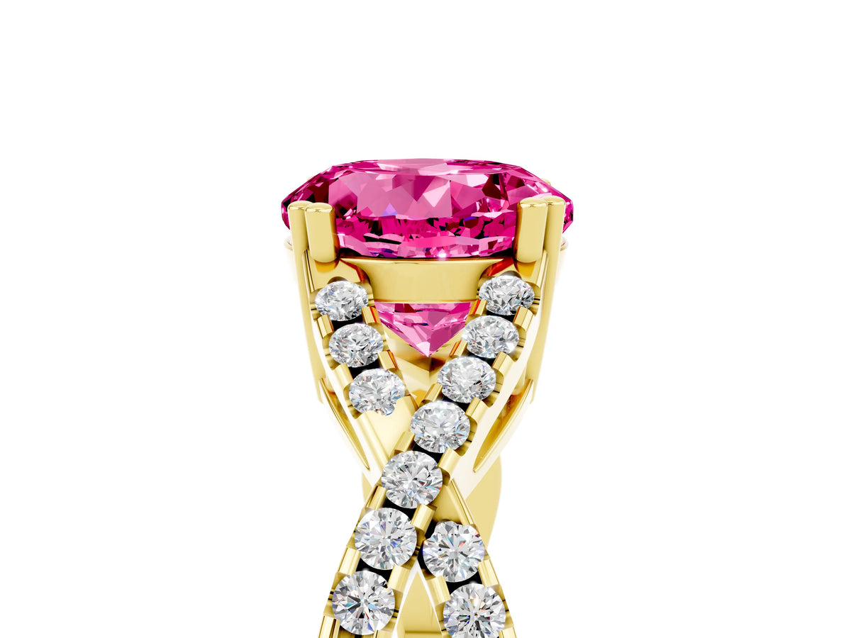 Round Cut Pink Sapphire Solitaire Ring in Yellow gold with Interwoven Pavé Band and Prong Setting_5