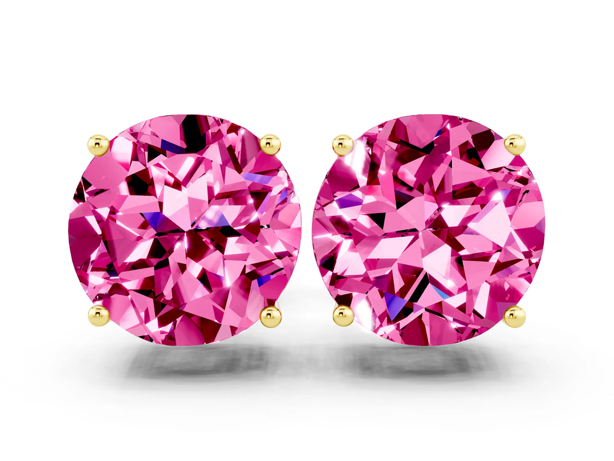 Round Cut Pink Sapphire Stud Earrings in Yellow gold with Basket Setting