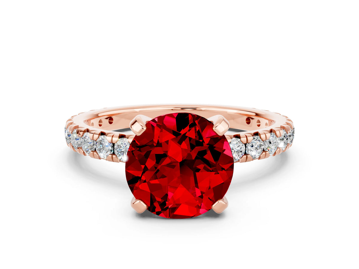 Round Cut Ruby Pavé Solitaire Ring in Rose gold with Round Pavé Band and Prong Setting