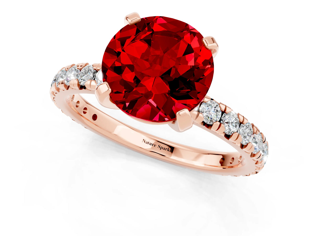 Round Cut Ruby Pavé Solitaire Ring in Rose gold with Round Pavé Band and Prong Setting_1