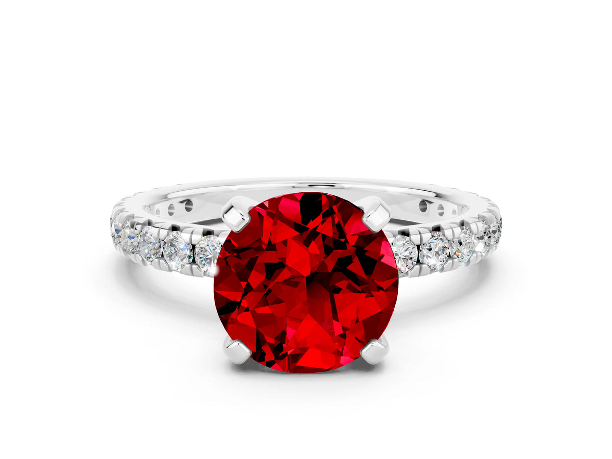 Round Cut Ruby Pavé Solitaire Ring in Silver with Round Pavé Band and Prong Setting
