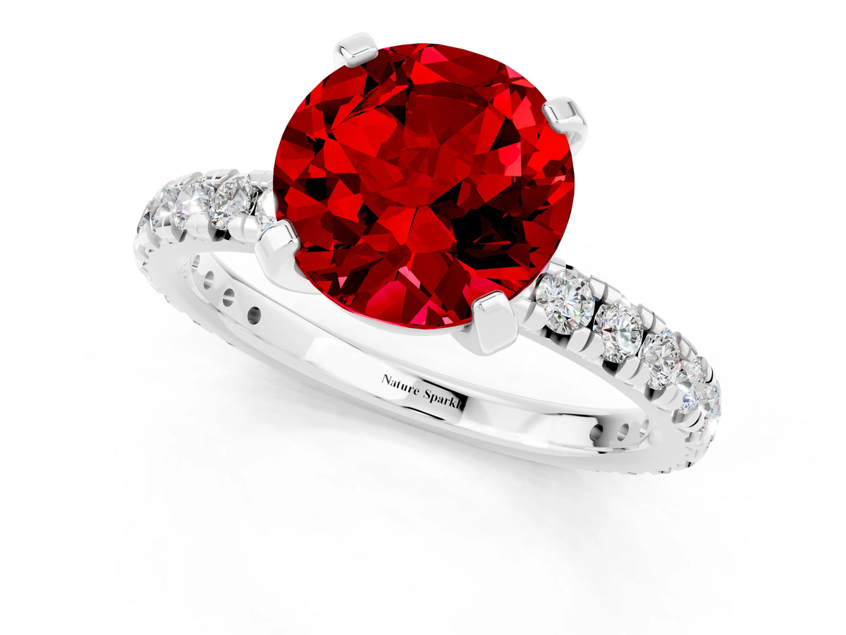 Round Cut Ruby Pavé Solitaire Ring in Silver with Round Pavé Band and Prong Setting_1