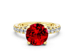 Round Cut Ruby Pavé Solitaire Ring in Yellow gold with Round Pavé Band and Prong Setting