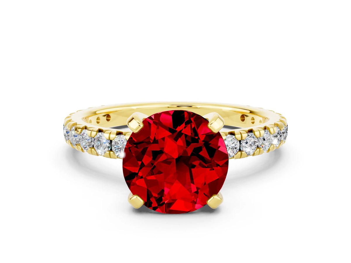 Round Cut Ruby Pavé Solitaire Ring in Yellow gold with Round Pavé Band and Prong Setting