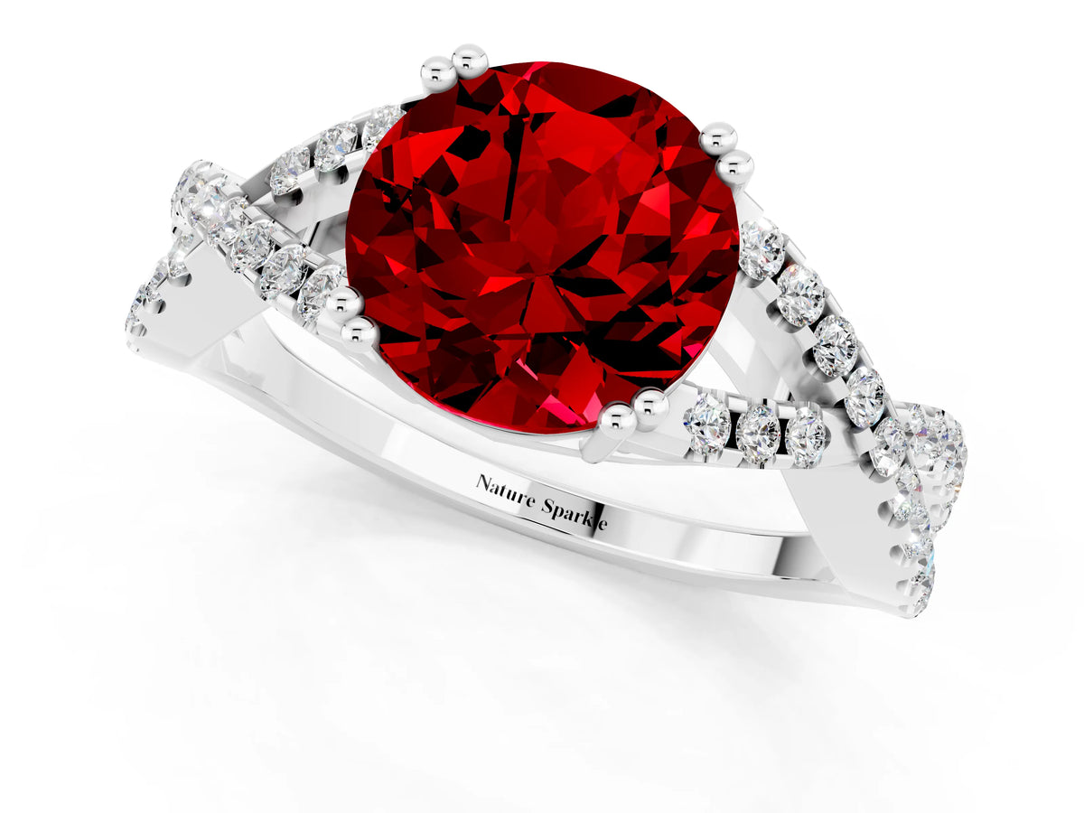 Round Cut Ruby Solitaire Ring in Platinum with Interwoven Pavé Band and Prong Setting_7