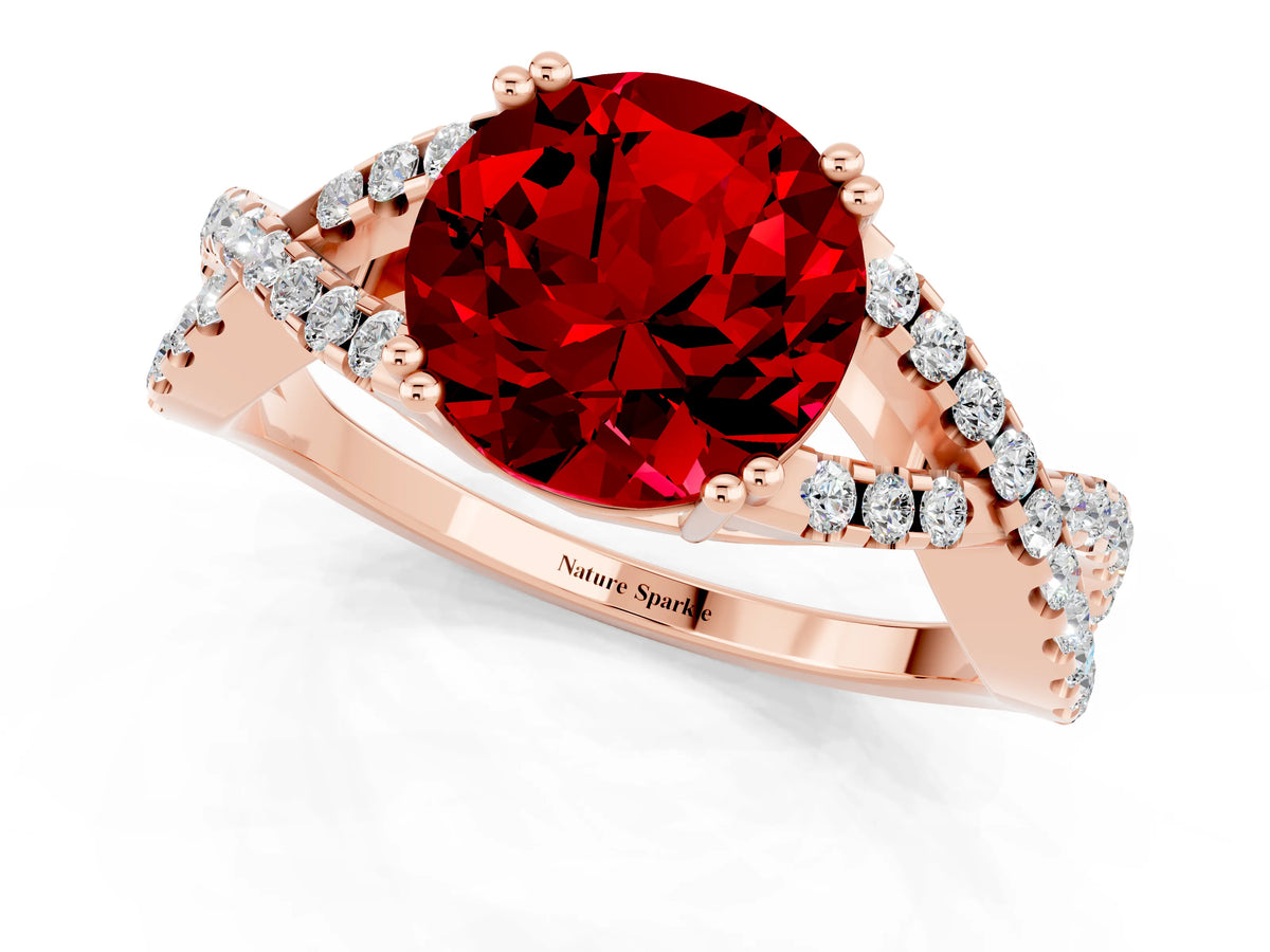 Round Cut Ruby Solitaire Ring in Rose gold with Interwoven Pavé Band and Prong Setting_1