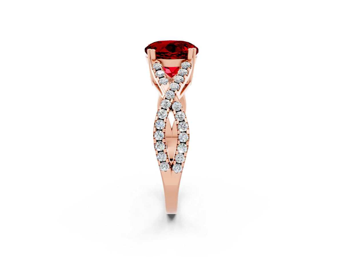 Round Cut Ruby Solitaire Ring in Rose gold with Interwoven Pavé Band and Prong Setting_2