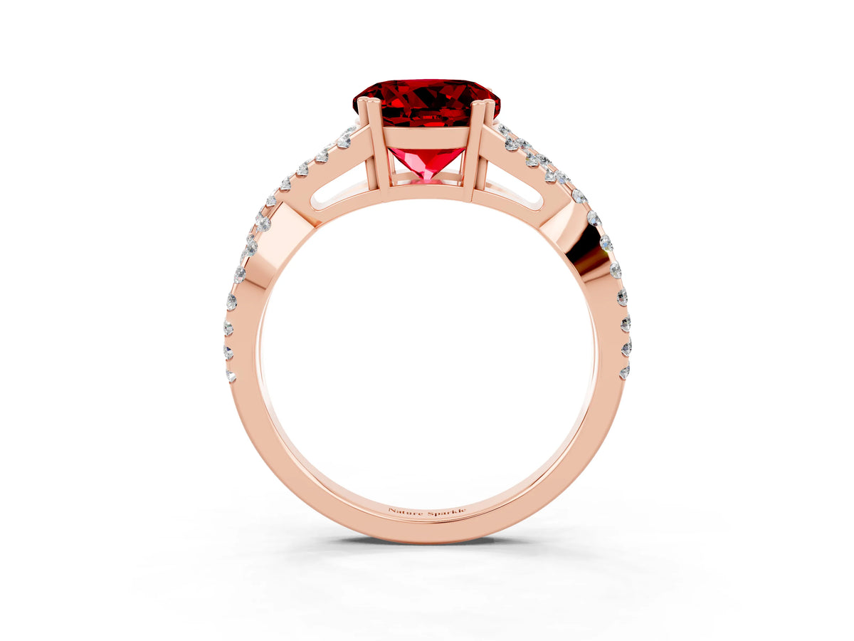 Round Cut Ruby Solitaire Ring in Rose gold with Interwoven Pavé Band and Prong Setting_3