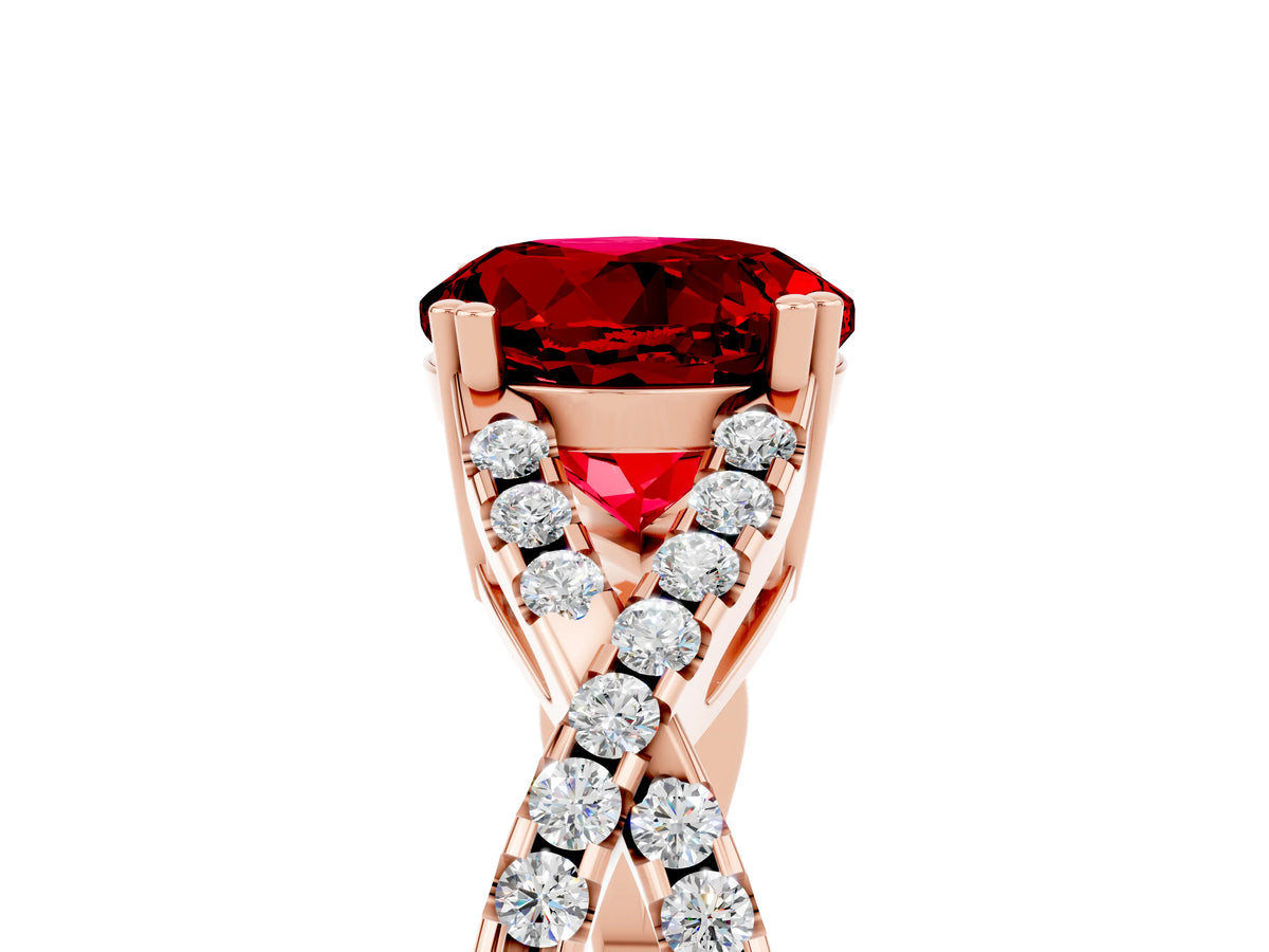 Round Cut Ruby Solitaire Ring in Rose gold with Interwoven Pavé Band and Prong Setting_5