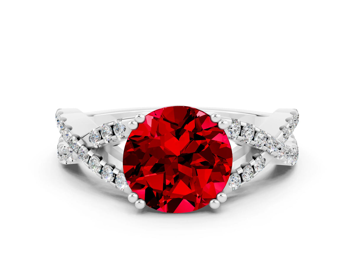 Round Cut Ruby Solitaire Ring in White gold with Interwoven Pavé Band and Prong Setting