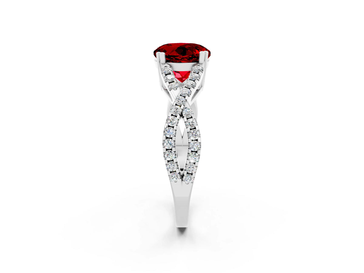 Round Cut Ruby Solitaire Ring in White gold with Interwoven Pavé Band and Prong Setting_2