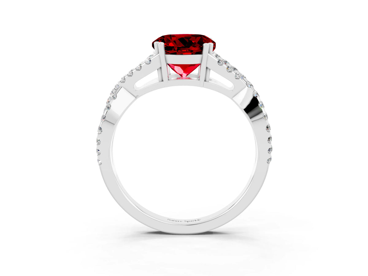 Round Cut Ruby Solitaire Ring in White gold with Interwoven Pavé Band and Prong Setting_3