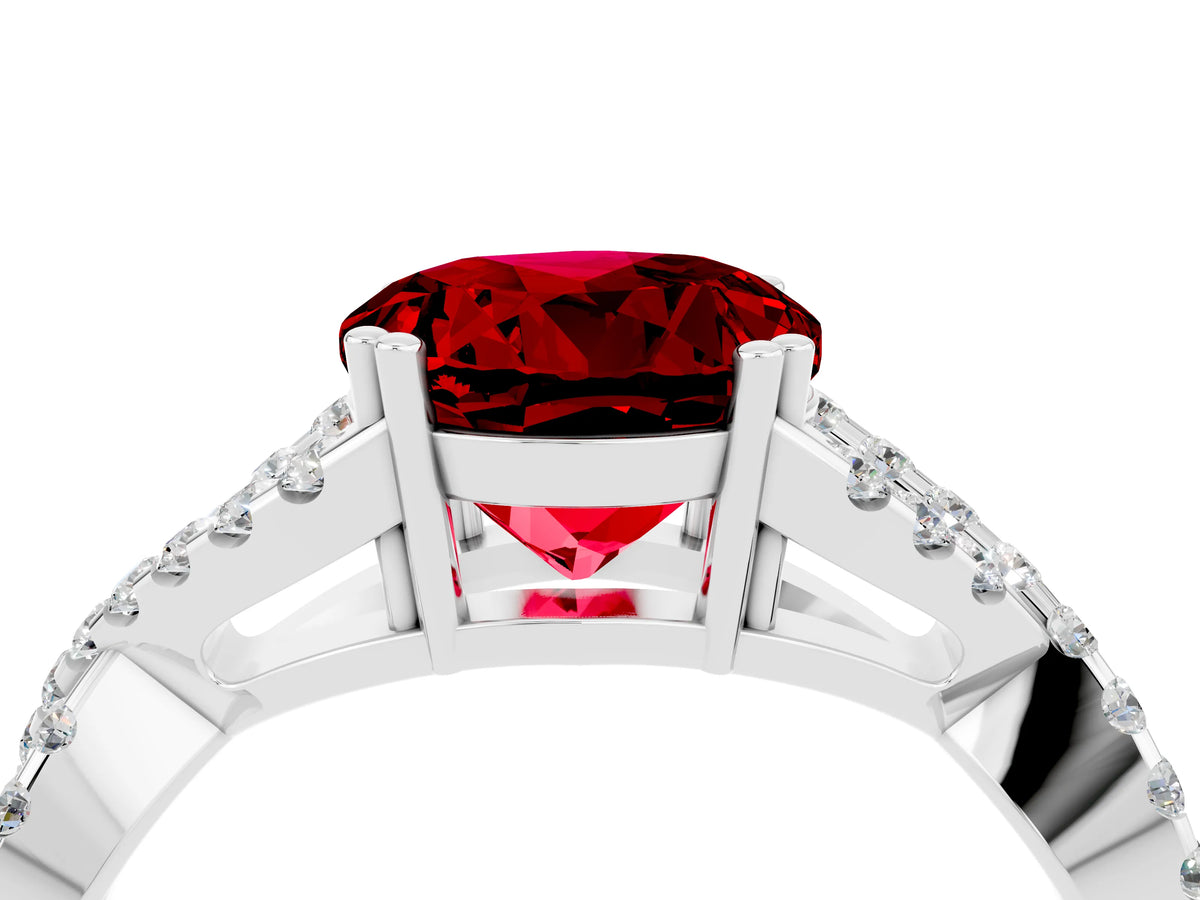 Round Cut Ruby Solitaire Ring in White gold with Interwoven Pavé Band and Prong Setting_4