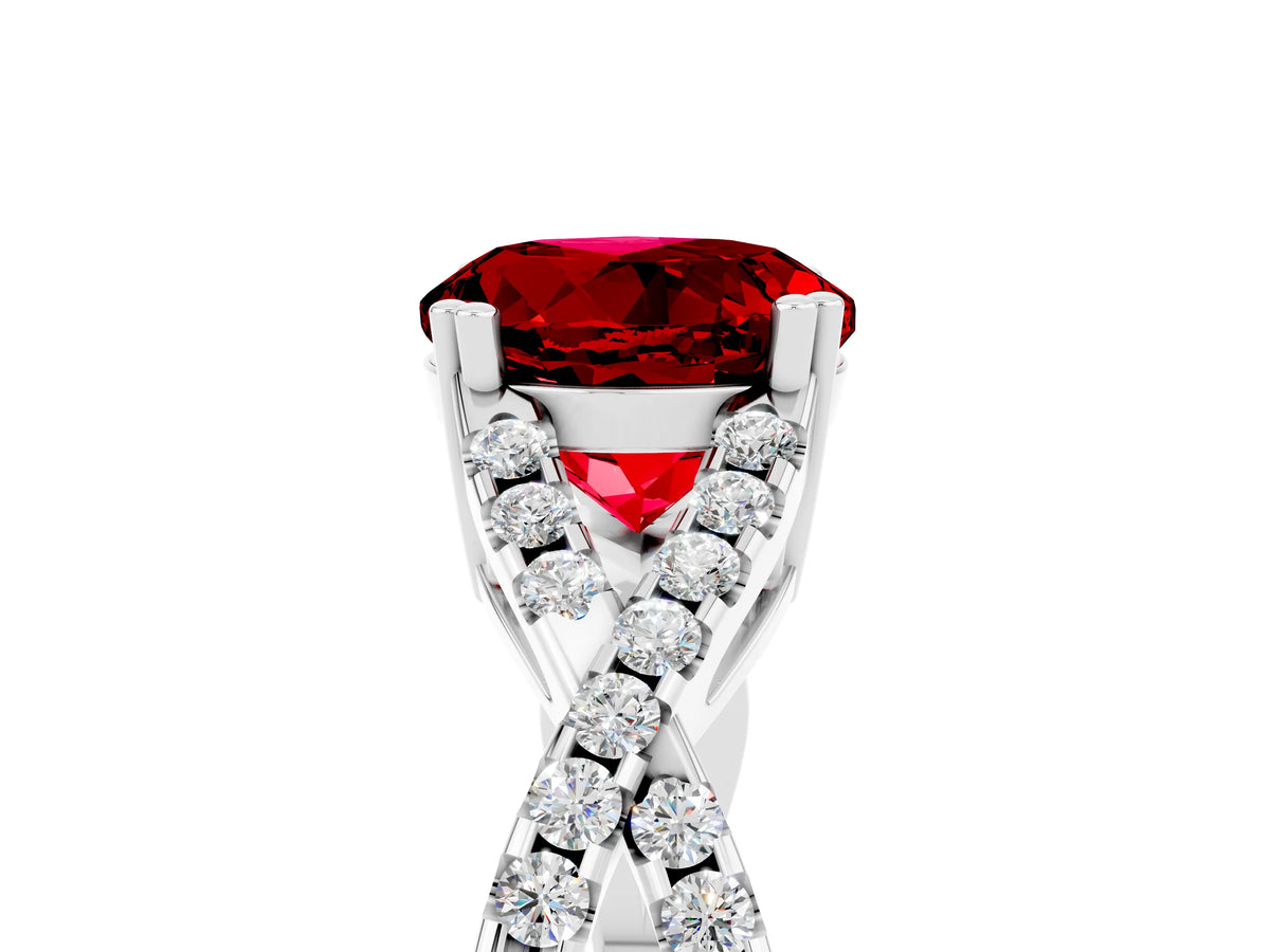 Round Cut Ruby Solitaire Ring in White gold with Interwoven Pavé Band and Prong Setting_5