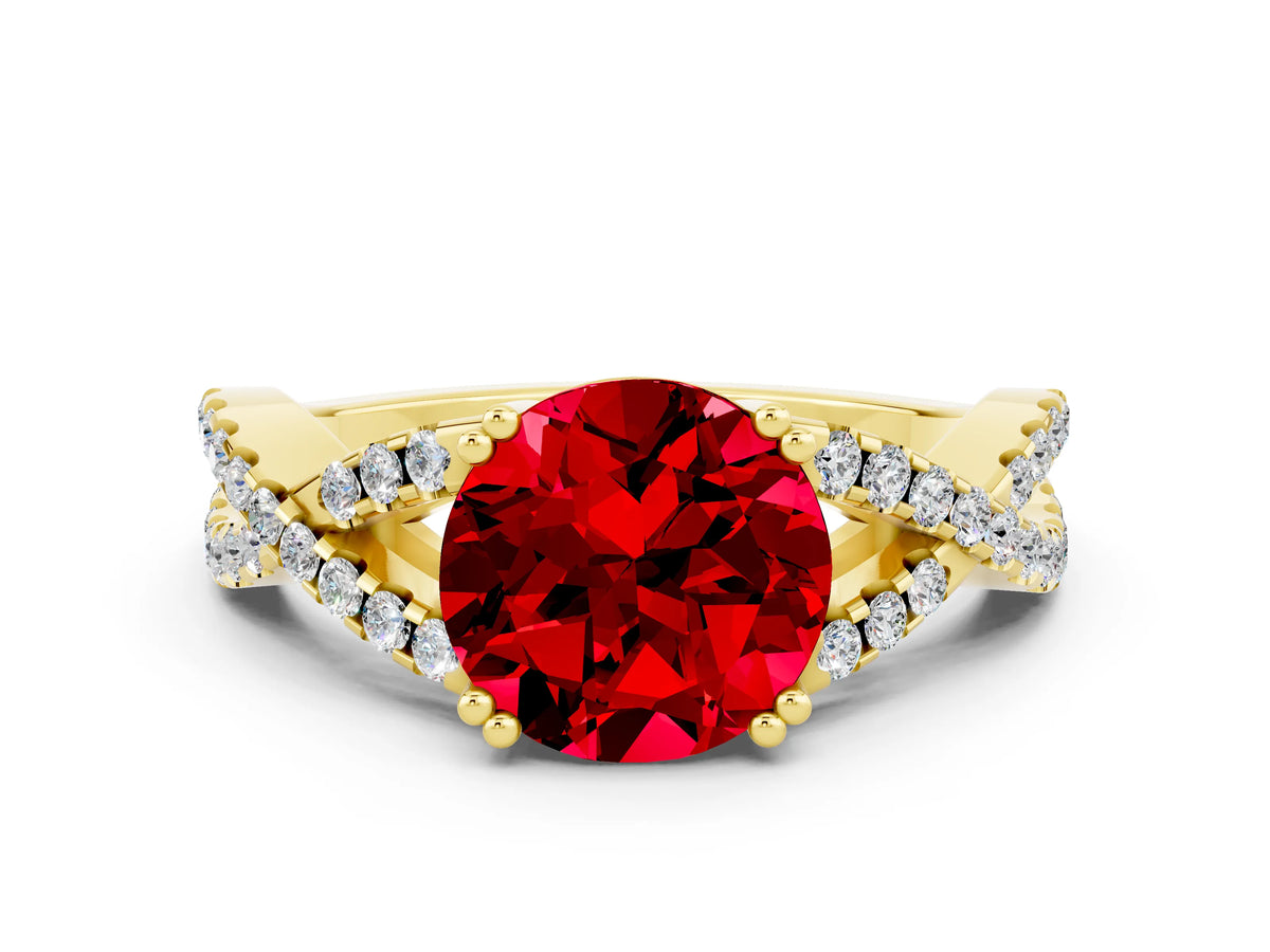 Round Cut Ruby Solitaire Ring in Yellow gold with Interwoven Pavé Band and Prong Setting