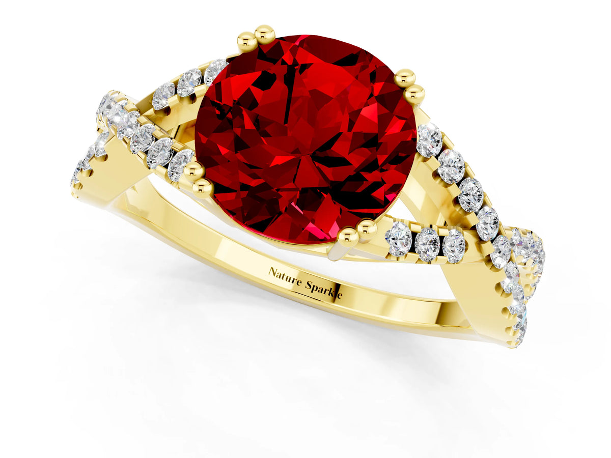 Round Cut Ruby Solitaire Ring in Yellow gold with Interwoven Pavé Band and Prong Setting_1