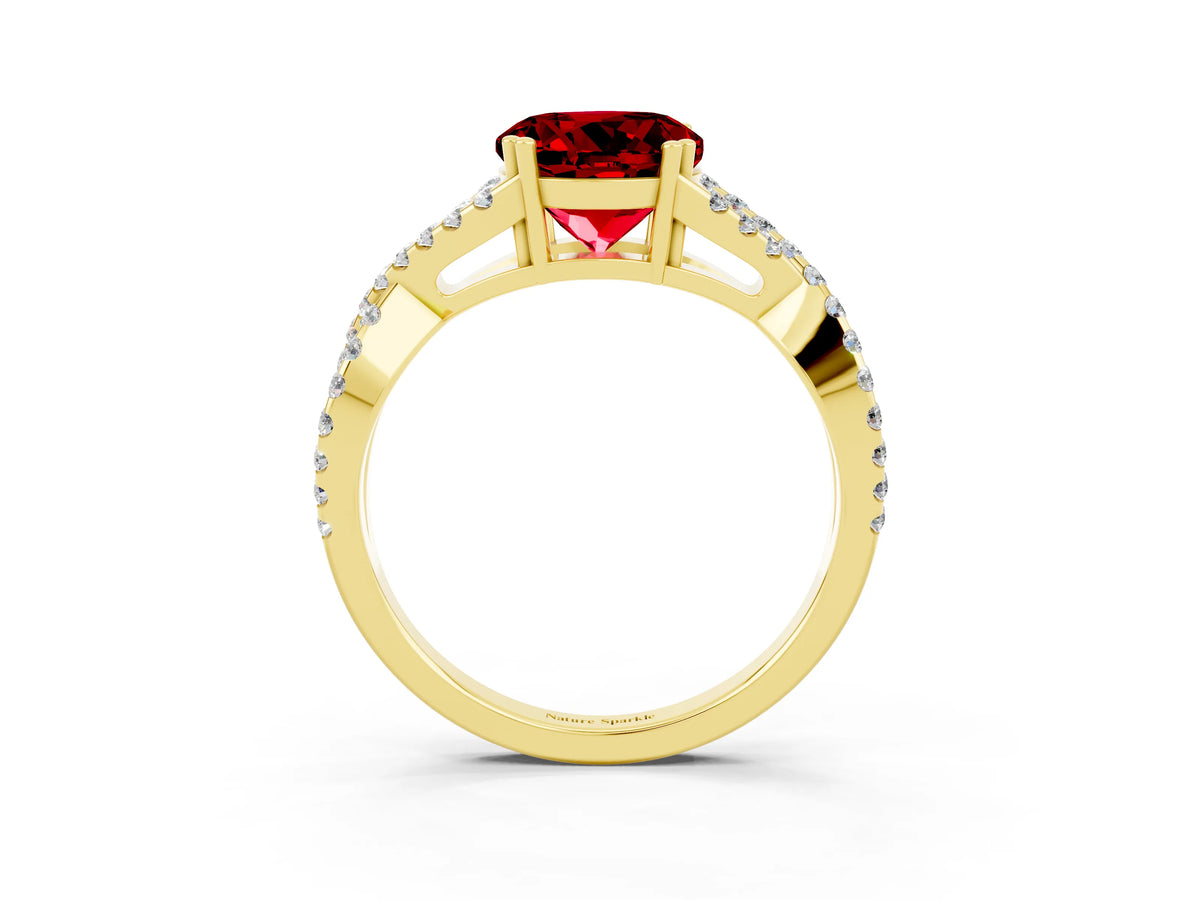 Round Cut Ruby Solitaire Ring in Yellow gold with Interwoven Pavé Band and Prong Setting_3
